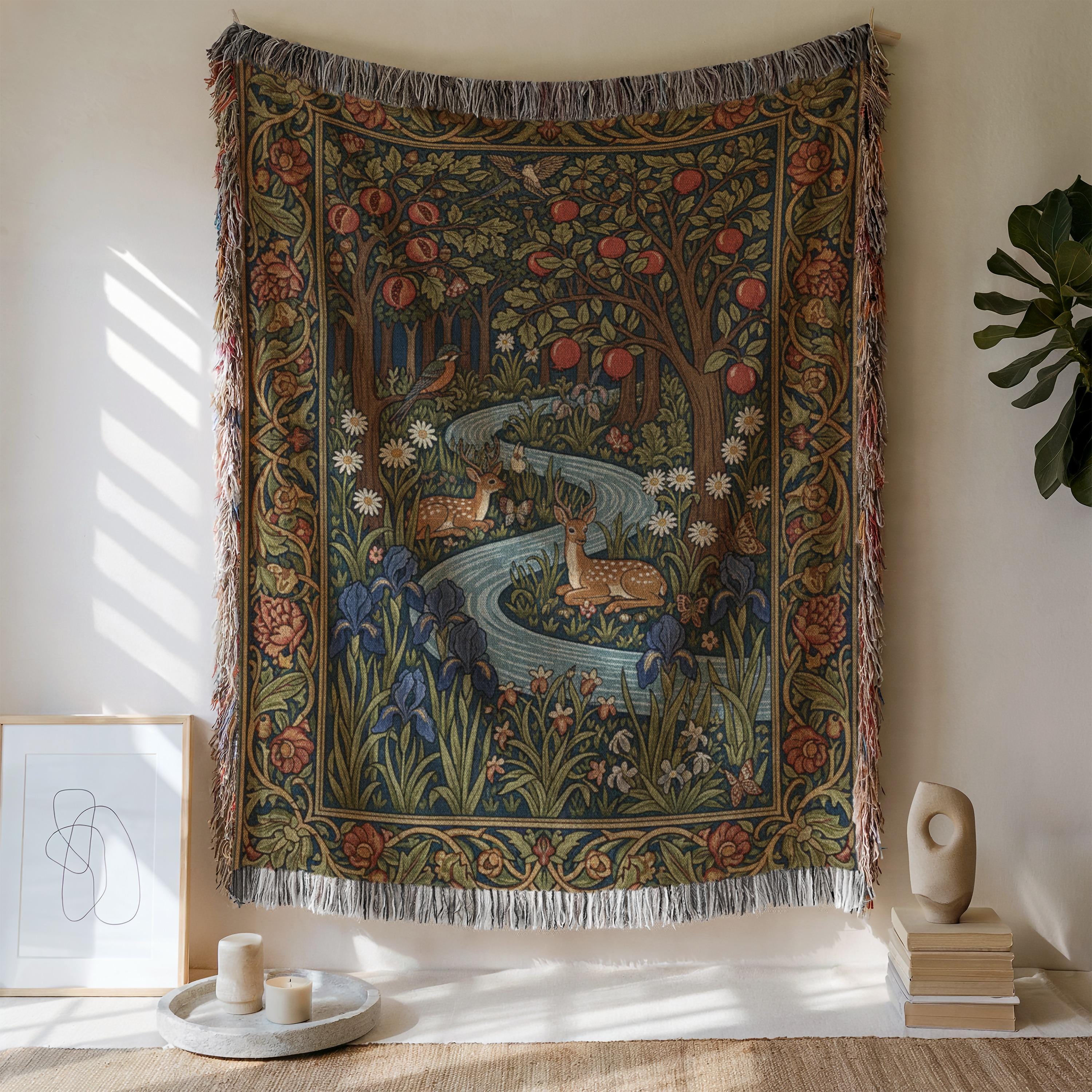 William Morris Forest Woven Blanket | Cottagecore Deer Tapestry