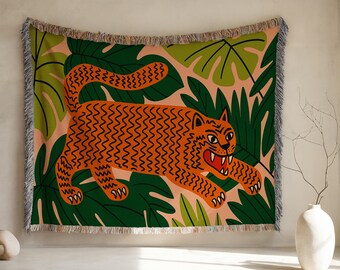 Woven Tiger Blanket: Cotton Jungle Throw Tapestry, Retro Tiger Wall Hanging