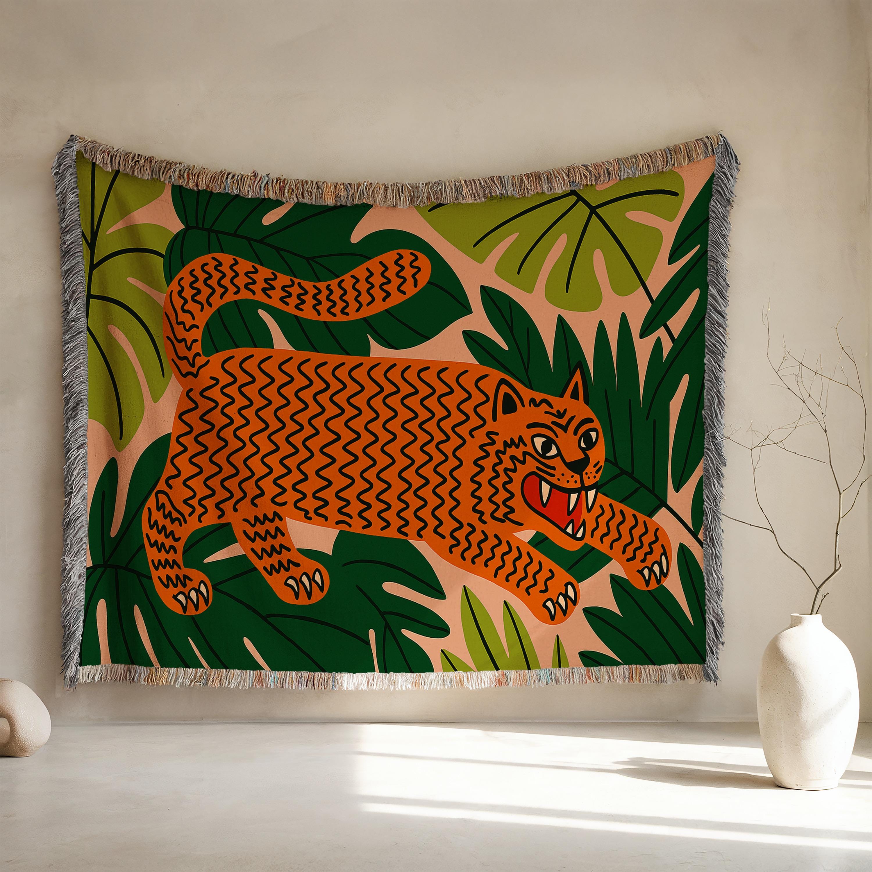 Woven Tiger Blanket: Cotton Jungle Throw Tapestry, Retro Tiger