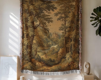 Forest Woven Tapestry Blanket, French Woodland Decor, Castlecore Wall Hanging,  Antique Aubusson Throw Blanket, Forest Cotton Blanket