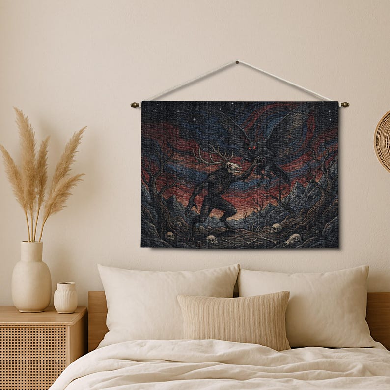 Dark Forest Creature Wall Hanging, Gothic Mythical Art Decor, Spooky Skull Tapestry, Halloween Monster Scene, Creepy Antler Beast