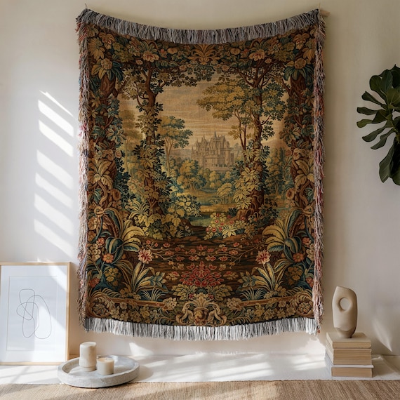 Woven Castle Tapestry Blanket: Medieval Verdure Cotton Throw