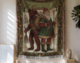Krampus and Santa Woven Tapestry Blanket, Gothic Christmas Decor