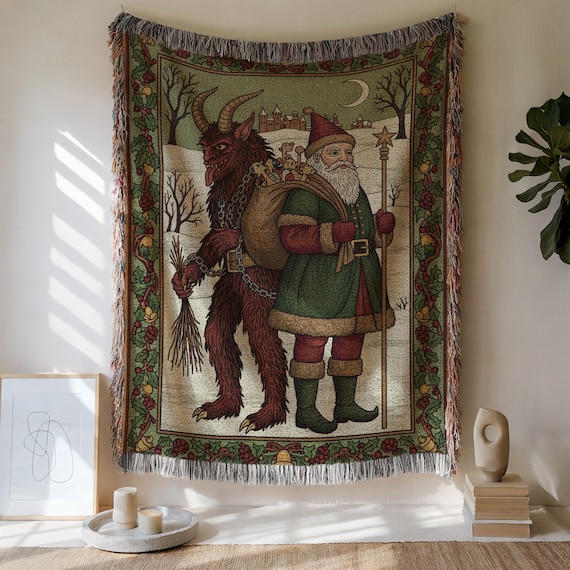 Krampus and Santa Woven Tapestry Blanket, Gothic Christmas Decor