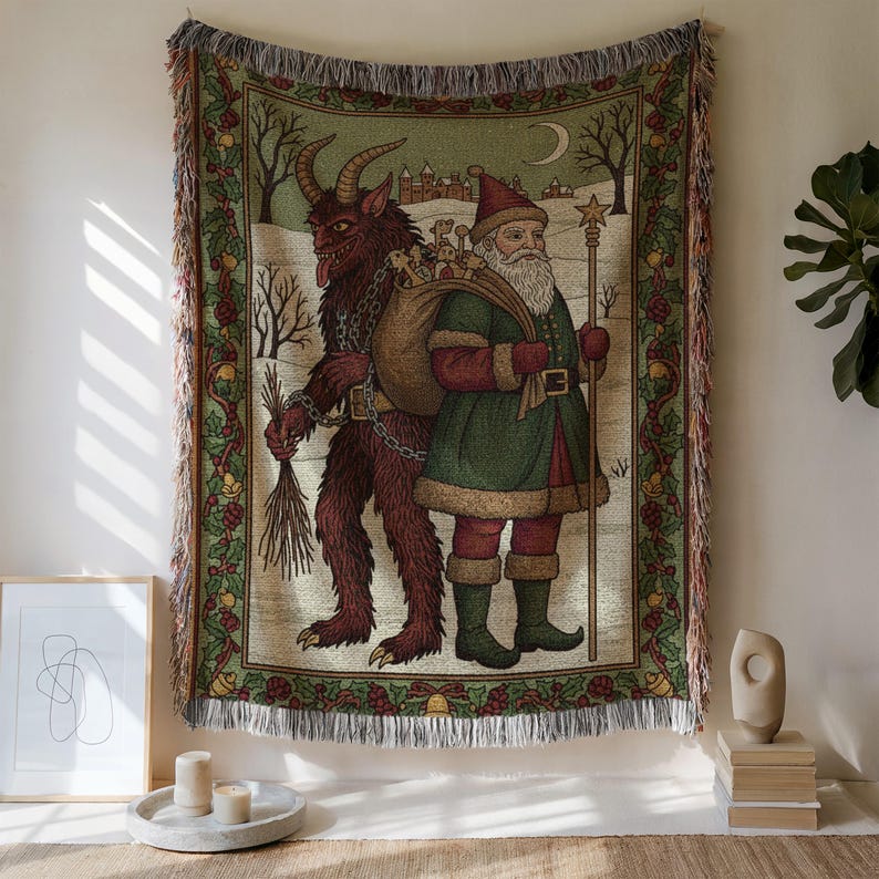 Christmas Santa and Krampus Tapestry, Holiday Wall Hanging, Christmas Home Decor, Santa Claus and Devil Art, Festive Tapestry
