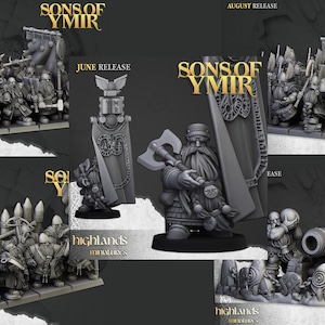 May include: A collection of miniature figures depicting dwarves with axes, shields, and a cannon. The figures are painted in a grey colour and are part of a game called "Sons of Ymir".