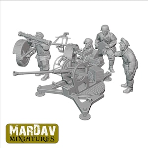May include: A gray plastic model kit of a German 20mm Flakvierling 38 anti-aircraft gun with four crew members. The gun is mounted on a wheeled platform and has a barrel that is pointed upwards. The crew members are wearing German military uniforms and are holding various weapons and tools.