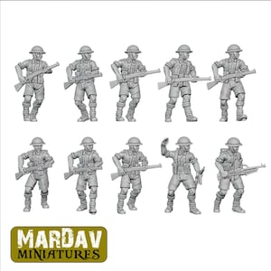 May include: A set of ten grey plastic miniature figures of soldiers in uniform, holding rifles, standing on a white background. The figures are all in different poses, some are standing at attention, some are aiming their rifles, and some are running. The figures are all wearing the same uniform, which includes a helmet, a jacket, trousers, and boots. The figures are all about 5 cm tall.