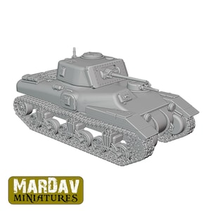 May include: A gray miniature tank with a turret, gun, and tracks. The tank has a detailed design and is likely a model for collectors or wargamers. The image includes the text "MARDAV MINIATURES" in a green and gold rectangular box.