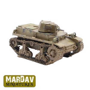May include: A miniature olive drab tank model with a rotating turret and visible tracks. The model is covered in a mud-like texture, suggesting a battle-worn appearance. The text "MARDAV MINIATURES" is displayed in a green and yellow rectangular box.