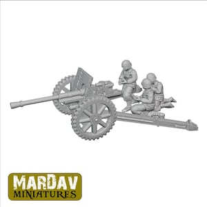 May include: A gray plastic model kit of a World War II era anti-tank gun with three crew members. The gun is on wheels and has a barrel pointing to the left. The crew members are in various poses, one is loading the gun, one is aiming, and one is standing by.