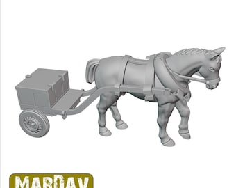 May include: A gray miniature horse pulling a small cart with a box on it. The horse is wearing a harness. The cart has one wheel. The image has the text "MARDAV MINIATURES" in a green and yellow rectangle.