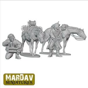 May include: Miniature figures of soldiers and horses, likely for a historical diorama or tabletop game. One soldier kneels, using a field telephone. Another stands with a horse. The horses have equipment on their backs. The logo "MARDAV MINIATURES" is at the bottom.