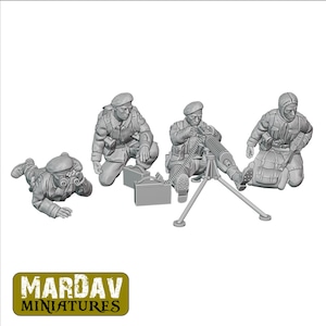 Könnte beinhalten: Ein Set aus vier grauen Plastik-Miniaturfiguren, die Soldaten darstellen, die eine Maschinengewehr bedienen. Die Figuren sind in einem Kampfszenario positioniert, wobei ein Soldat mit einem Maschinengewehr zielt, ein anderer Munition lädt und zwei weitere Deckung bieten.
