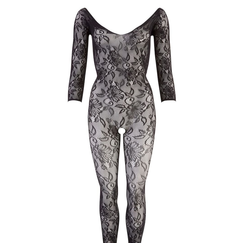 Long Sleeve Bodystocking OUVERT Black Lace Floral, Lacing Back, Mesh ...