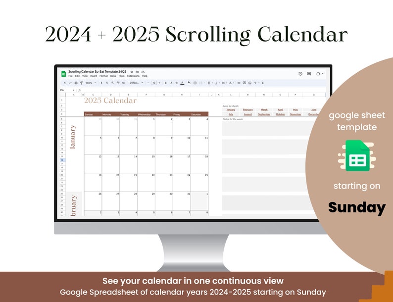 2024 2025 Continuous Scroll Google Spreadsheet Calendar Etsy