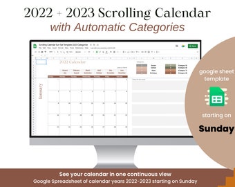 2022 - 2023 Continuous Scroll Google Spreadsheet Calendar with Categories (Sun-Sat)