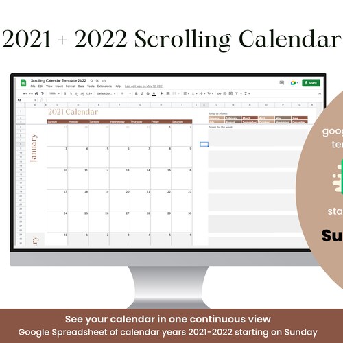 2021 2022 Continuous Scroll Google Spreadsheet Calendar Etsy