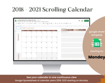 2018 - 2021 Continuous Scroll Google Spreadsheet Calendar (M-Sun)