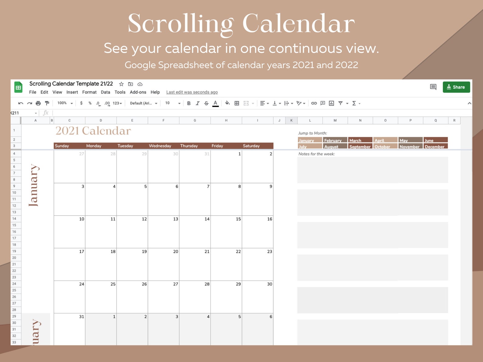 Continuous Scroll 2021 and 2022 Google Spreadsheet Calendar Etsy