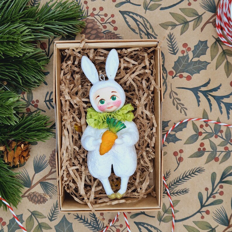 Little bunnies, christmas tree decoreaster decor, , hanging ornament, spun cotton toys. image 10