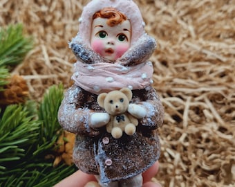 Winter girl and favorite toy, spun cotton toys, christmas tree toys, christmas gift, hanging ornament.