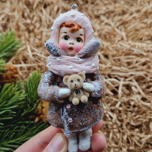 Winter girl and favorite toy, spun cotton toys, christmas tree toys, christmas gift, hanging ornament.