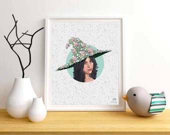 Impresión de arte digital de jardín de sombrero de bruja verde