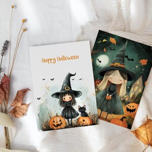 5 Halloween Party Einladungskarten "Minihexen"