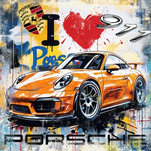 Könnte beinhalten: Eine farbenfrohe Illustration eines leuchtend orangen Porsche 911 mit einem roten Herzen und den Worten "Ich liebe Porsche" im Hintergrund. Das Porsche-Logo befindet sich in der oberen linken Ecke.