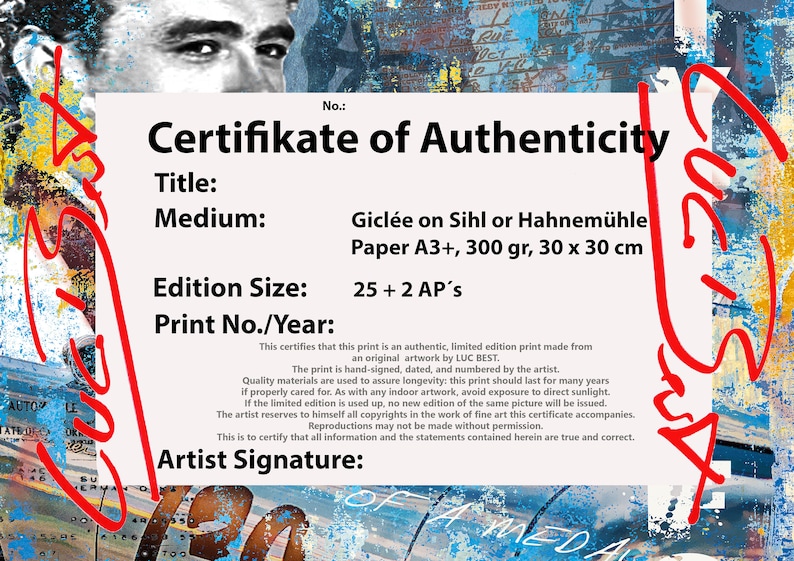 Pu&ograve; includere: Un certificato di autenticit&agrave; per una stampa in edizione limitata. Il certificato &egrave; stampato su carta bianca con testo nero. Il testo afferma che la stampa &egrave; una stampa autentica in edizione limitata realizzata da un'opera d'arte originale di LUC BEST. La stampa &egrave; firmata, datata e numerata a mano dall'artista. Il certificato include anche il titolo, il mezzo, la dimensione dell'edizione e il numero di stampa. Il certificato &egrave; firmato dall'artista.