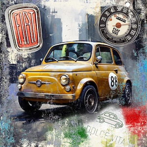 Originale LUC BEST, "Fiat 500", Giclée, Edizione Limitata, 33 x 49 cm Carta Museo