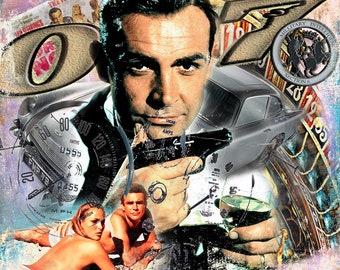 Può includere: Un collage di immagini che presenta un uomo con una pistola, un'auto, una donna in bikini e un tachimetro. L'immagine è in stile vintage con uno sfondo usurato.
