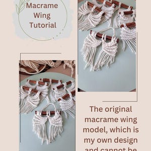 Puede incluir: Una colección de colgantes de pared de macramé en forma de ala, hechos con cordón blanco natural y clavijas de madera. El macramé tiene la forma de un ala con una franja en la parte inferior. El texto "Macrame Wing Tutorial" es visible en la imagen.
