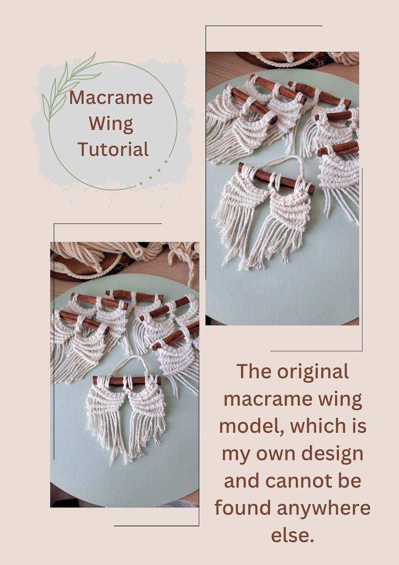 Pu&ograve; includere: Una collezione di arazzi da parete in macram&egrave; a forma di ala, realizzati con cordoncino bianco naturale e bastoncini di legno. Il macram&egrave; ha la forma di un'ala con una frangia in basso. Il testo "Macrame Wing Tutorial" &egrave; visibile nell'immagine.
