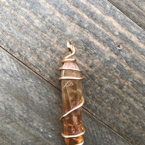 Amber Aura Quartz Pendant | Healing Stone | Wire Wrapped Pendant | Pendants | Quartz
