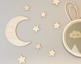 Lune en bois avec étoiles | étoiles en bois | décoration chambre enfant | décoration murale en bois