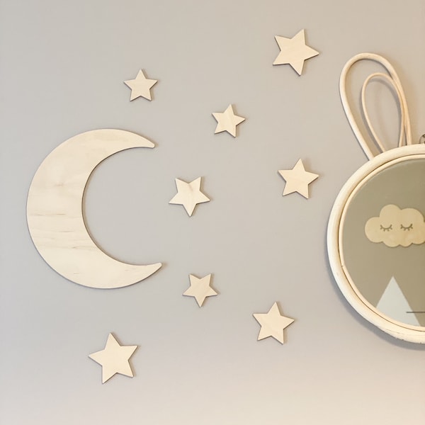 Lune en bois avec étoiles | étoiles en bois | décoration chambre enfant | décoration murale en bois