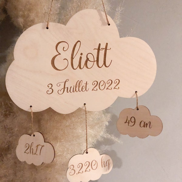 Nuage Naissance personnalisé | Prénom en bois | Cadeau Naissance | Suspension naissance | Déco chambre bébé