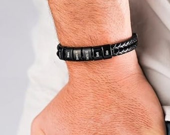 Personalisiertes Lederarmband Herren Schwarz mit Namen - Armband mit Gravur - Vatertag - Einzigartiges Geschenk für Männer - Männerarmband