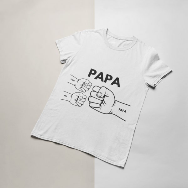 Benutzerdefiniertes Papa Tshirt für Vatertag, Dad Tshirt personalisiert mit Namen, Vater Sohn Tshirt, Namen sind anpassbar, bis zu 7 Fäuste