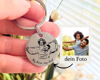 Schlüsselanhänger Papa personalisiert mit Foto + Namen/Text Gravur Edelstahl - Vater Sohn, Vatertag - Fotogeschenk Mama, Haustier