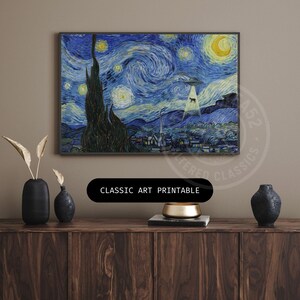 May include: A framed print of Van Gogh's "Starry Night" with a humorous twist: a UFO beaming up a cow. The print is displayed above a wooden cabinet with decorative vases and a gold bowl. The text "CLASSIC ART PRINTABLE" is on the bottom.