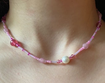 Pink Pearl Beaded Necklace| Princess Pearl Beaded Necklace| princess necklace | Stackable beaded Necklace|