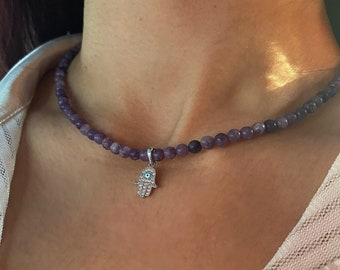 Amethyst Beaded Necklace with Sterling Silver Hamsa Pendant| Beaded choker necklace| Sterling Silver Hamsa Necklace