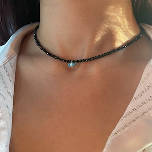 Black Onyx Evil Eye Necklace| Black Onyx Enamel Evil Eye Necklace| Beaded choker necklace | Sterling Silver Enamel Evil Eye Necklace
