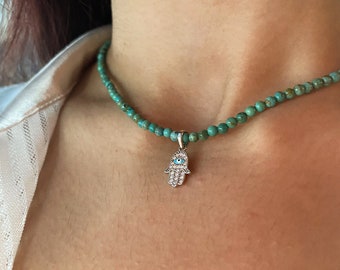 Hamsa Necklace| Turquoise Beaded Hamsa Necklace| Hand of God Beaded Necklace| Beaded choker necklace | Sterling Silver Hamsa Necklace|