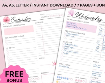 May include: A printable daily planner with a pink floral design. The planner includes sections for scheduling, to-do lists, priorities, meals, exercise, notes, and gratitude. The planner is available in A4, A5, and letter sizes.