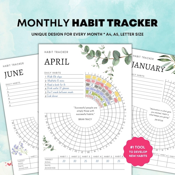 Printable Monthly Habit Tracker, Minimalistic Botanical Design, A5, A4, US letter (PDF)