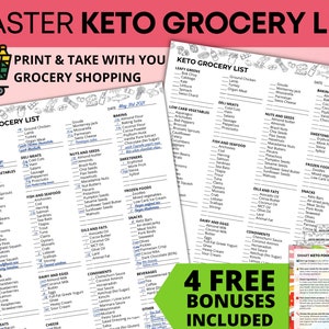 May include: A printable keto grocery list, featuring sections for leafy greens, deli meats, and oils & fats. Includes a shopping trolley graphic and text: "Print & Take With You Grocery Shopping." Also includes "4 FREE BONUSES INCLUDED."